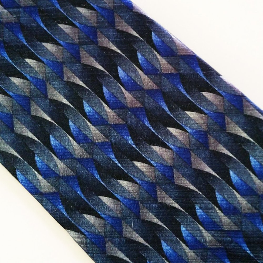 Vintage 1990s Crecsenzo Collection Blue & Black Geometric 100% Silk Neck Tie